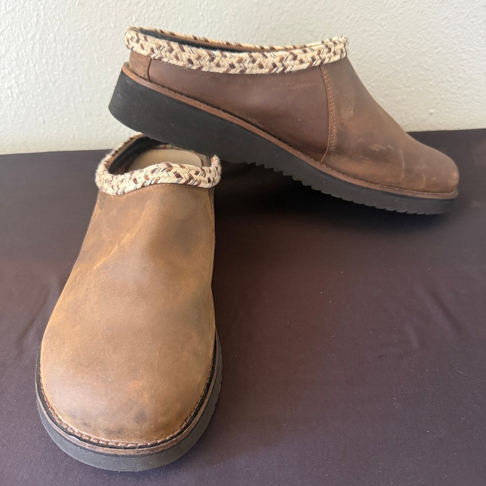 Simple Santa Barbara Brown Leather Braided Trim Clogs Mules Mens 12 Womens 14